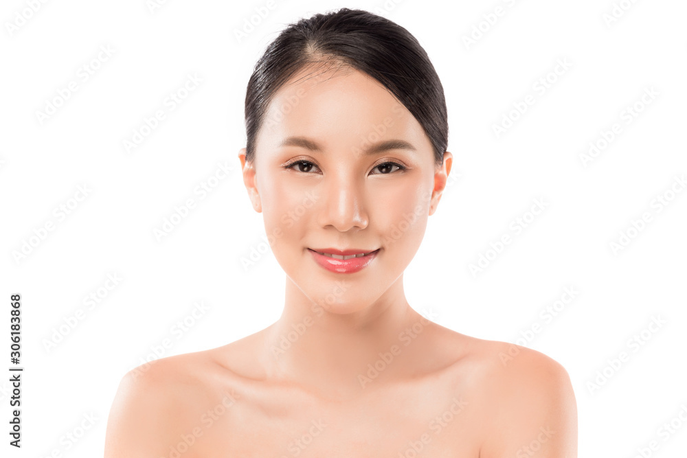 Young beauty healthy happy Asian woman with smiley face and perfect skin isolated on white. Young beauty healthy happy Asian woman with smiley face and perfect skin isolated on white.