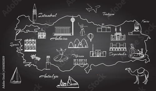Map of Turkey with popular attraction drawing on chalkboard. Turkish region map with famous architectural objects and cultural symbols hand drawn vector illustration.