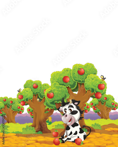 cartoon scene with cow on a farm ranch having fun on white background - illustration for children