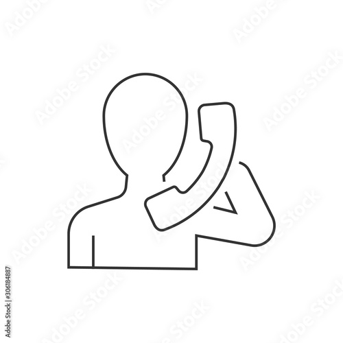 Man holding handset linear icon on white background. Editable stroke