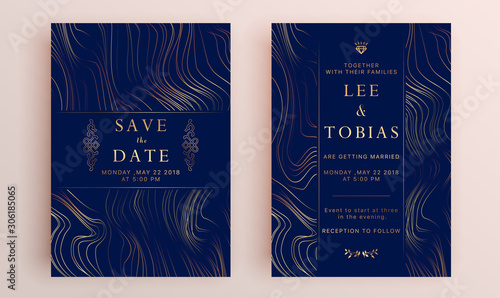 Beautiful set of wedding card templates. Gold collection of geometrical polyhedron, art deco style for wedding invitation, luxury templates, decorative patterns.
