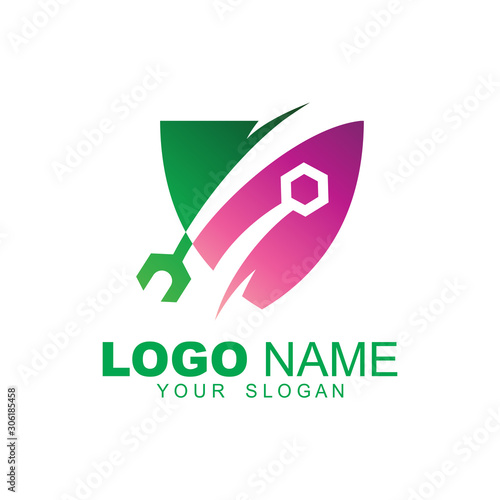 shield repair logo template, protection and security repair vector and illustration