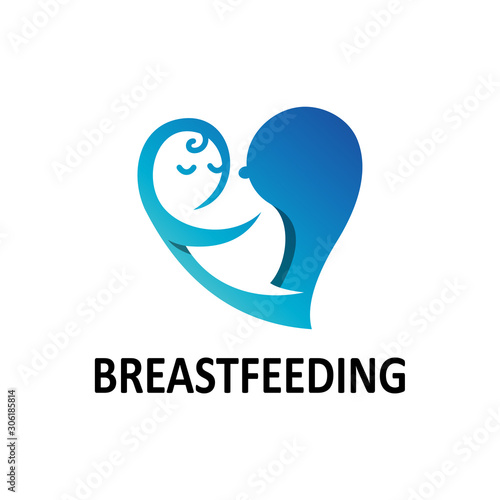 Breastfeeding vector logo, vector logo of a baby with its mother's breasts as a symbol of health, mother's logo hugs her baby to breastfeed in the shape of a heart, a symbol of lactation