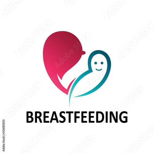 Breastfeeding vector logo, vector logo of a baby with its mother's breasts as a symbol of health, mother's logo hugs her baby to breastfeed in the shape of a heart, a symbol of lactation