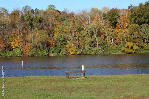 A flat wood bench at the lake on a sunny fall day.