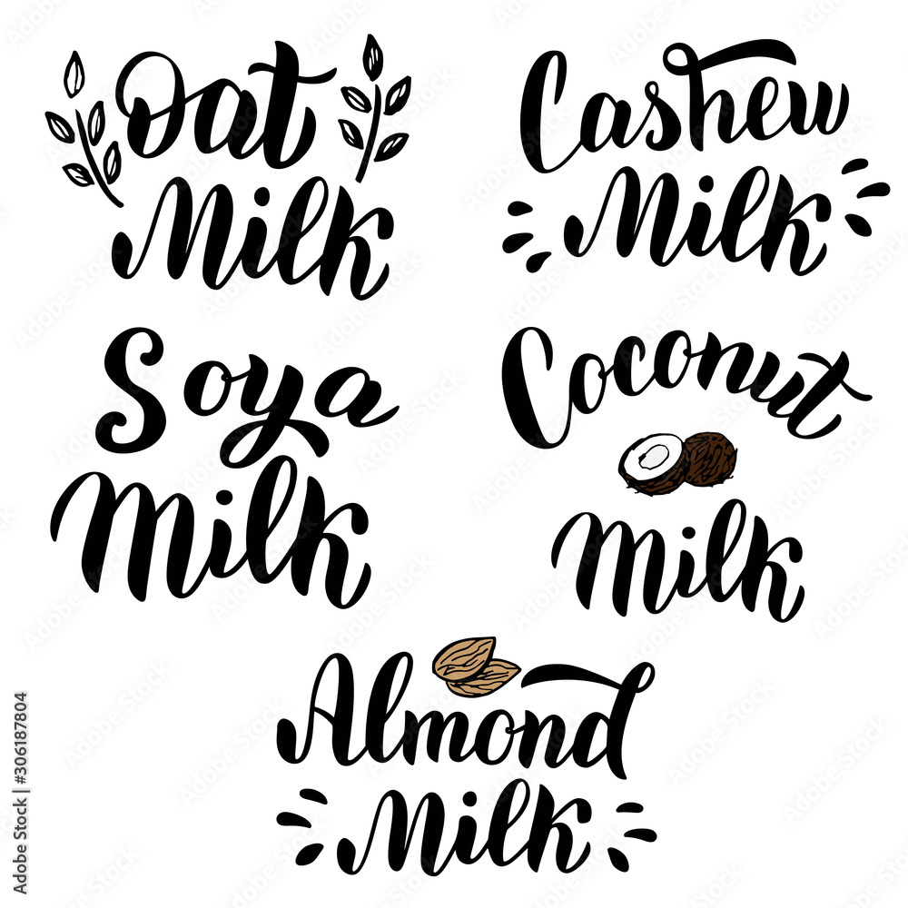 Vegan milk set of package design for almond, cashew, soya, oat, coconut milk.Trendy black lettering text font. Packaging, sticker, banner, logo isolated on white background. Vector eps 10. Vegan milk set of package design for almond, cashew, soya, oat, coconut milk.Trendy black lettering text font. Packaging, sticker, banner, logo isolated on white background. Vector eps 10.