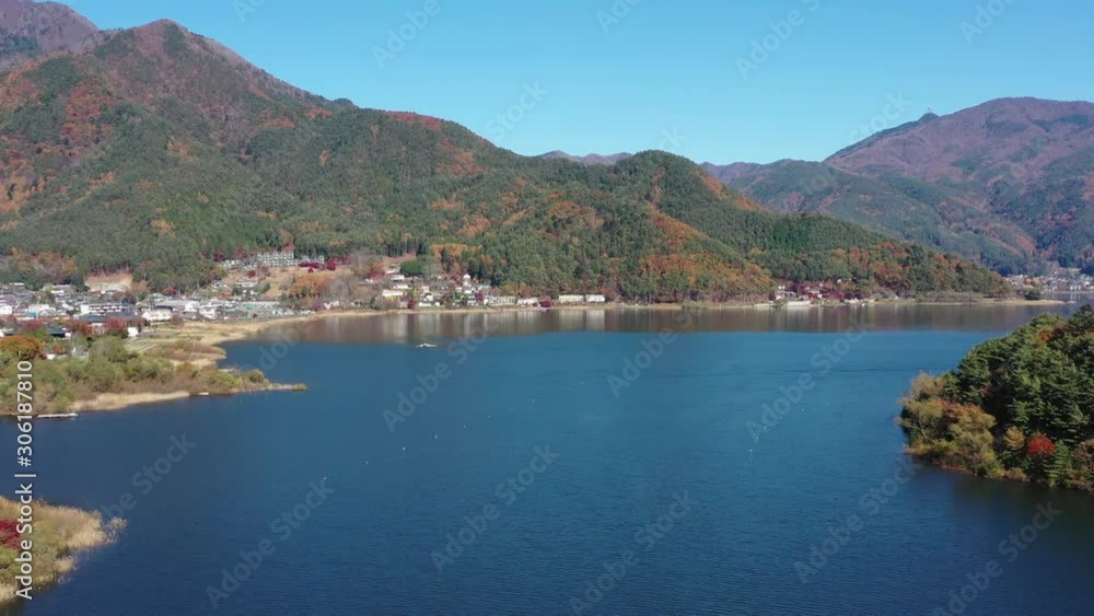 Aerial view of beautiful Japan autumn at lake Kawaguchiko with red leaves Aerial view of beautiful Japan autumn at lake Kawaguchiko with red leaves