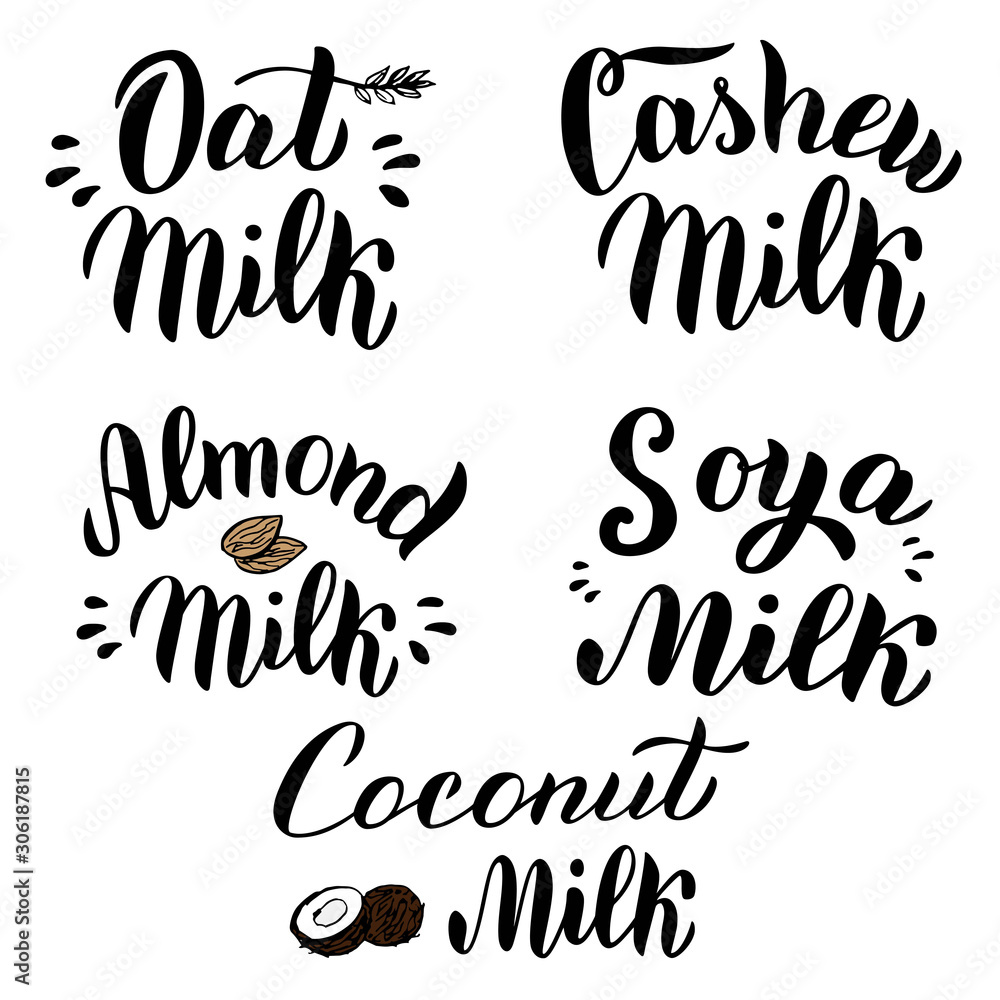 Vegan milk set of package design for almond, cashew, soya, oat, coconut milk.Trendy black lettering text font. Packaging, sticker, banner, logo isolated on white background. Vector eps 10. Vegan milk set of package design for almond, cashew, soya, oat, coconut milk.Trendy black lettering text font. Packaging, sticker, banner, logo isolated on white background. Vector eps 10.