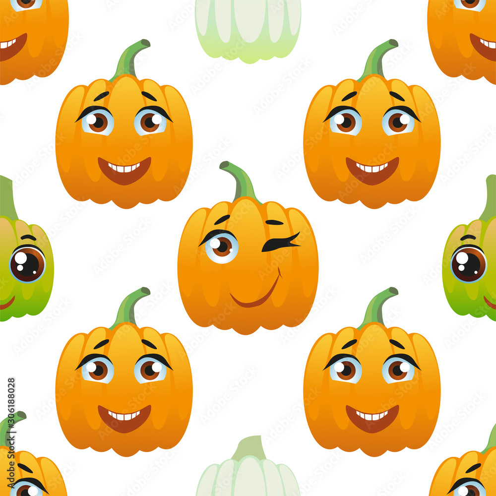 Cute seamless pattern with cartoon emoji pumpkin Cute seamless pattern with cartoon emoji pumpkin
