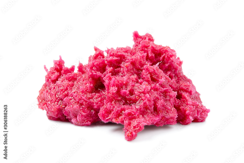 Red horseradish root sauce isolated on a white background. Spicy red grated horseradish seasoning for food. Red horseradish sauce with beetroot isolated, top view. Vegetarianism, healthy eating. Red horseradish root sauce isolated on a white background. Spicy red grated horseradish seasoning for food. Red horseradish sauce with beetroot isolated, top view. Vegetarianism, healthy eating.