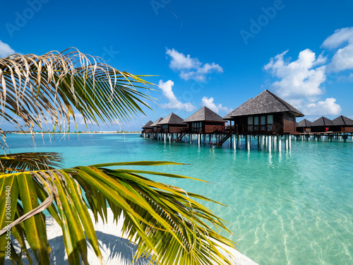 Maldives island with beach water bungalows and palm trees, South Male Atoll, Maldives photo