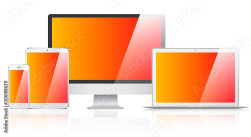 Mockup of Realistic Computer, Laptop, Tablet and smartphone with Blank Wallpaper Screen Isolated. Set of Device Mockup Separate Groups and Layers. Easily Editable Vector. Vector illustration