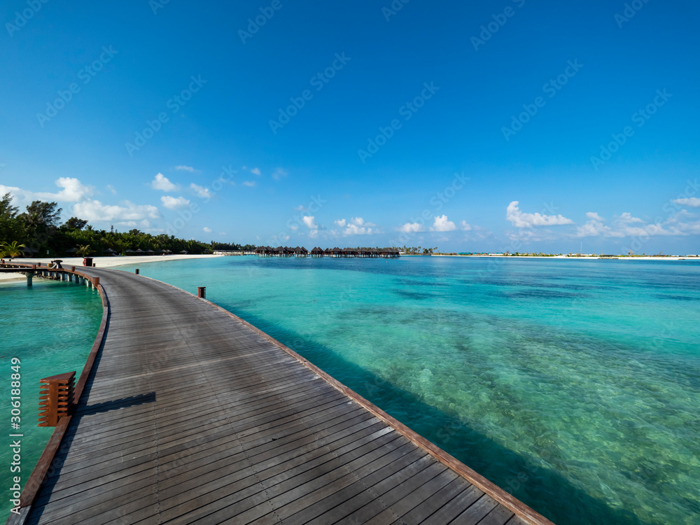 Obraz premium Maldives island with beach water bungalows and palm trees, South Male Atoll, Maldives
