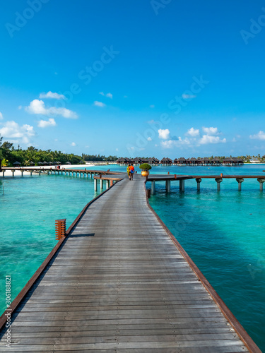 Maldives island with beach water bungalows and palm trees  South Male Atoll  Maldives
