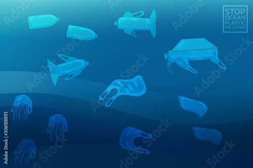 stop ocean plastic environmental pollution concept, plastics bottle marine shape underwater, waste, debris, garbage, eco problem sign symbol poster, banner and advertisement, vector flat illustration.