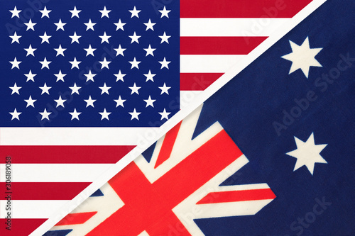 USA vs Australia national flag from textile. Relationship between american and Oceania countries.