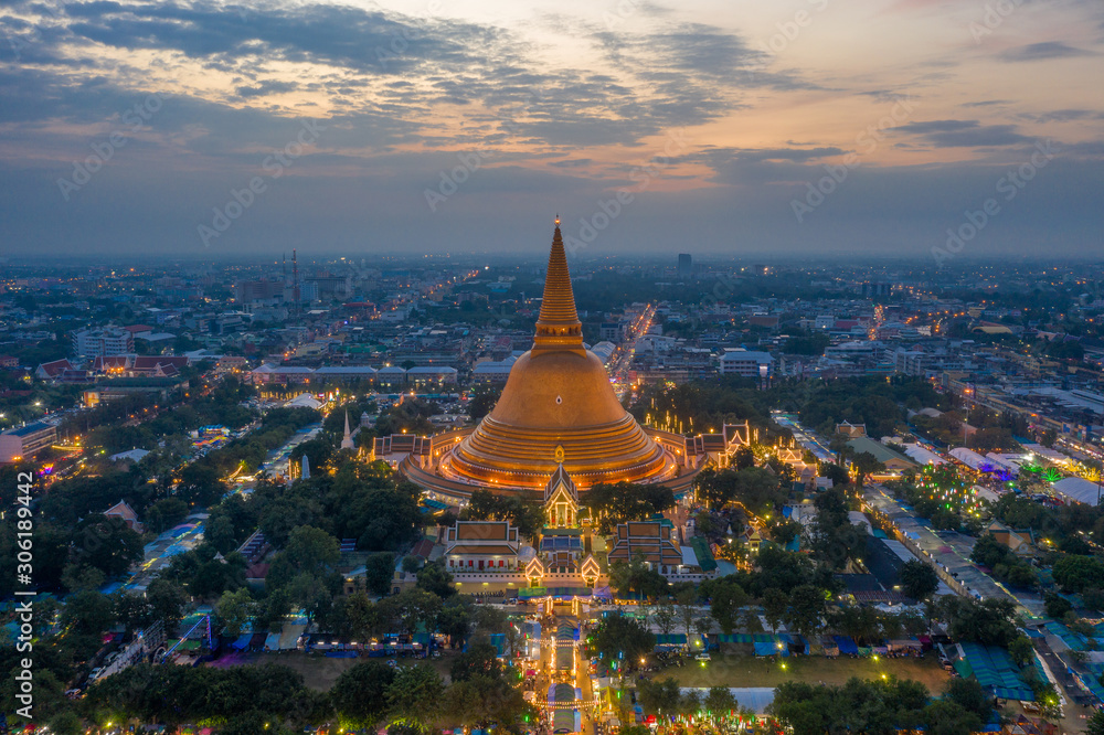 Golden pagoda Phra Pathom Chedi sunset of Nakhon Pathom province Asia Thailand