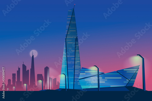 Futuristic cityscape in blue and violet colors, panorama with modern buildings, skyscrapers and street lights. Moon rising in the background of the city silhouette.