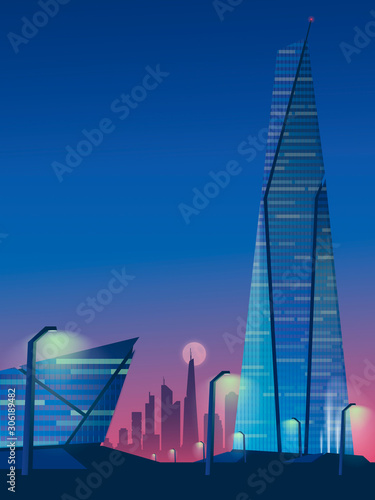 Futuristic cityscape in blue and violet colors, panorama with modern buildings, skyscrapers and street lights. Moon rising in the background of the city silhouette.