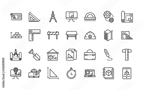 architecture construction tools icons set line