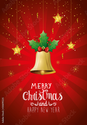 poster of merry christmas and happy new year with bell vector illustration design