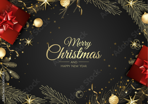 Christmas greeting card with Christmas Tree Decorations, Pine Branches, snowflake and confetti.