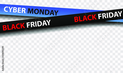 Black and blue ribbons for sale. Black friday, cyber monday, isolated on transparent background. Crossed ribbons. Graphic elements