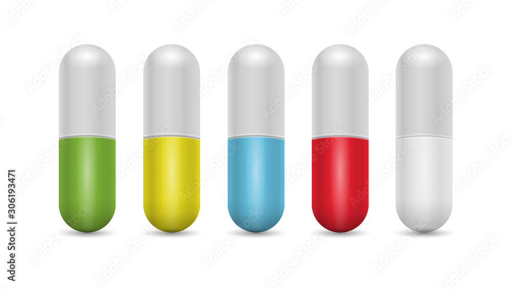 Pills medicine capsule vector realistic 3d style, different color set isolated on white background Pills medicine capsule vector realistic 3d style, different color set isolated on white background