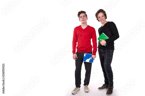 Two funny students. White background.