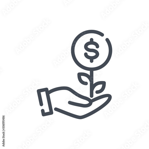 Financial investment and profit line icon. Money plant growth with hand vector outline sign.