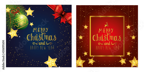 set poster of merry christmas and happy new year with decoration vector illustration design