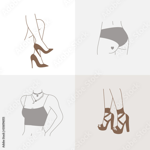 Vector trendy illustration template and icons in linear style - graceful faceless lady. Attractive woman body parts.