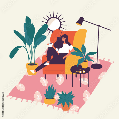 Vector illustration girl sitting and resting on the armchair with coffee cup. Cozy interior with homeplants.