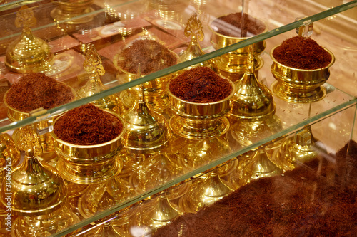 showcases with spices and gold in the oriental bazaar, souvenirs, gifts, travel, saffron
