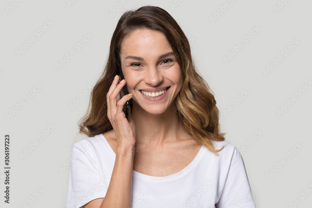 Head shot portrait smiling happy woman talking on phone Head shot portrait smiling happy woman talking on phone