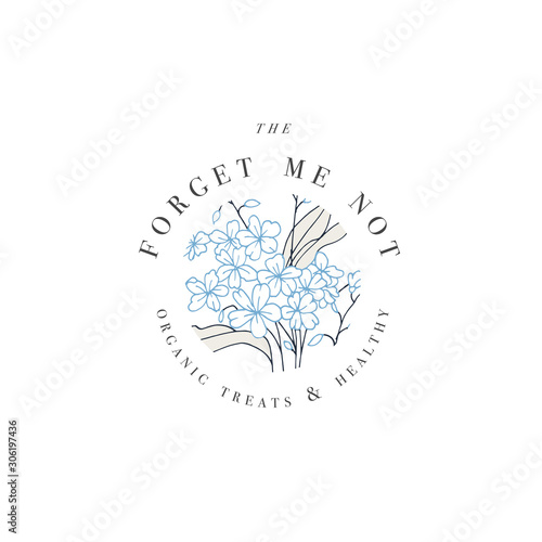 Hand draw vector gorget me not flowers logo illustration. Floral wreath. Botanical floral emblem with typography on white background.