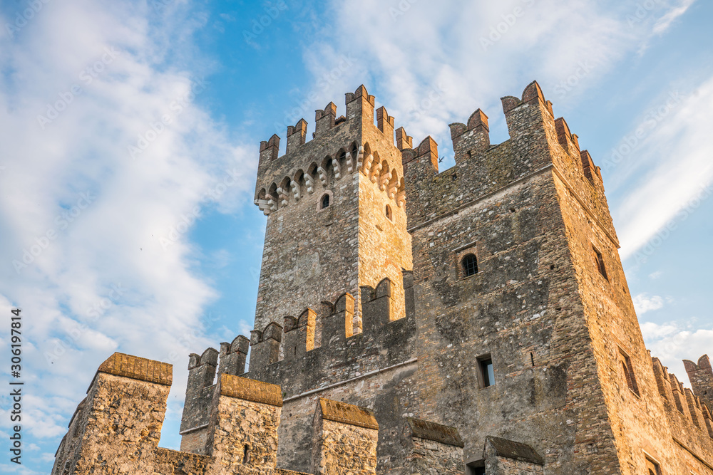 walls and towers of the castle of Sirmione (Castello di Sirmione), a famous place in the old town of Sirmione, Italy
