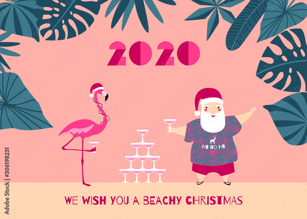 Tropical Christmas Greeting Card Santa Flamingo Champagne