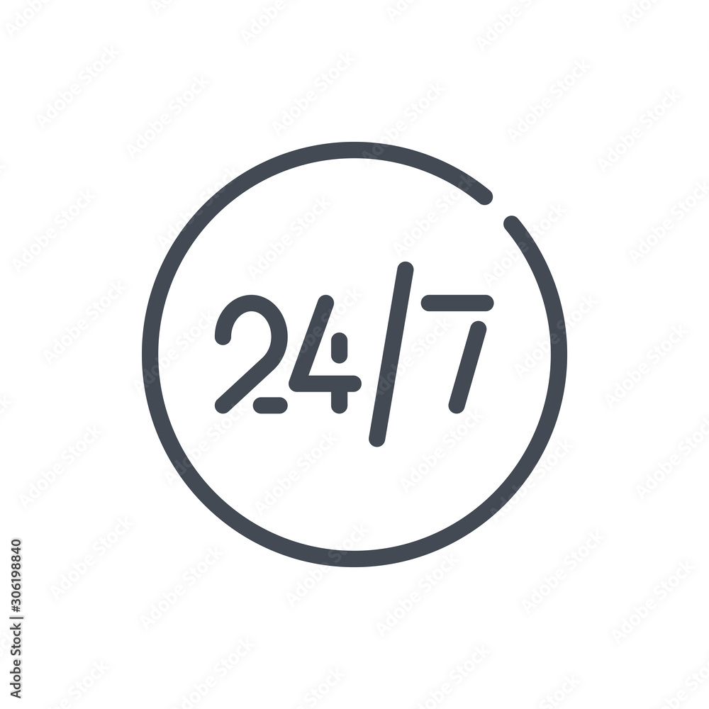 Customer service 24/7 line icon. Circle button with 24/7 vector outline sign. Customer service 24/7 line icon. Circle button with 24/7 vector outline sign.