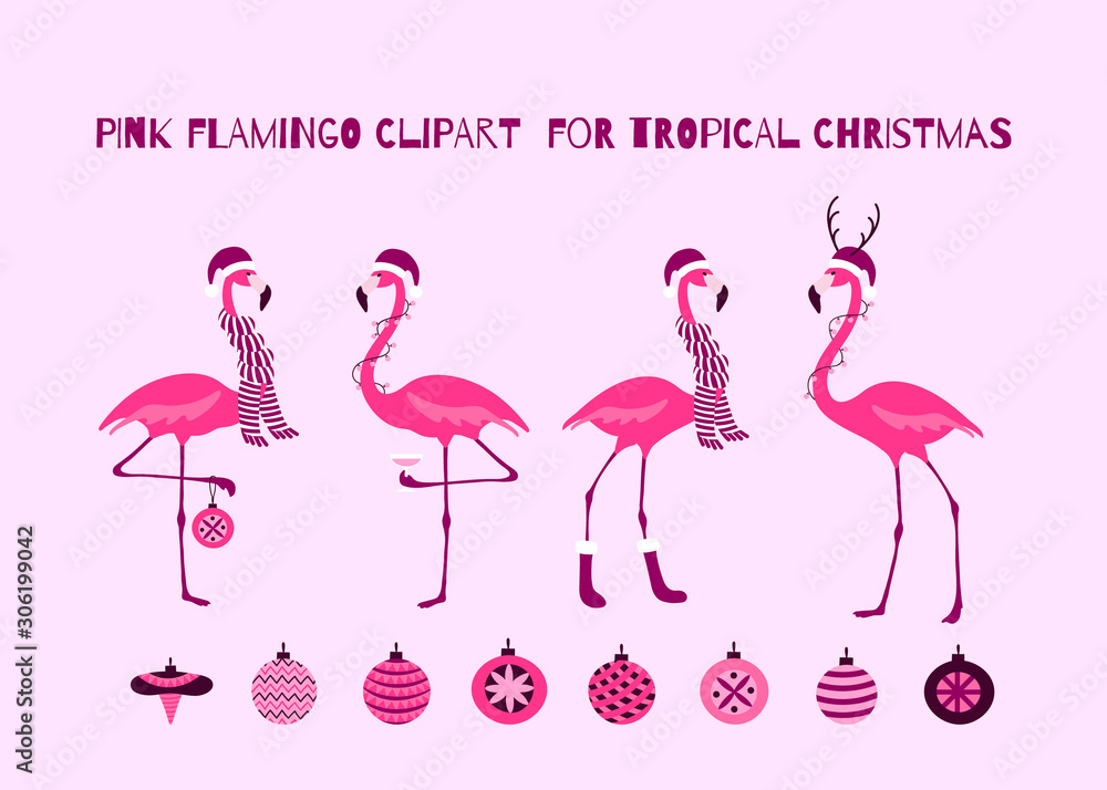 Fototapeta premium Pink Christmas Flamingo Set Tropical Birds Design