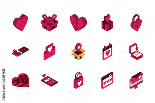 happy valentines day isometric icons collection