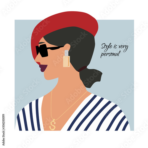 Fashion Paris woman profile portrait in sea style, red beret and jewelry.  Stylish earrings and glasses. Style is personal text. Vector illustration for print, t-shirt design, poster, banner, tote bag