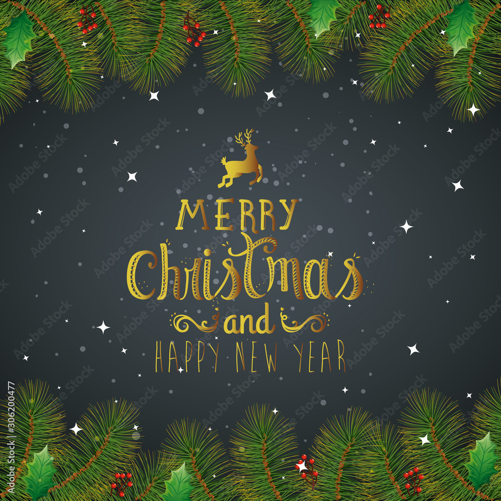 Naklejka premium poster of merry christmas and happy new year with leafs vector illustration design