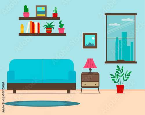Living room interior with window, furniture elements and plants in a flat style. Vector illustration. Background. Set.