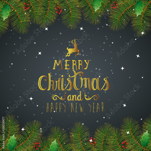 poster of merry christmas and happy new year with leafs vector illustration design