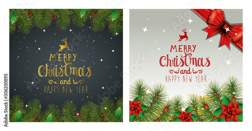 set poster of merry christmas and happy new year with decoration vector illustration design