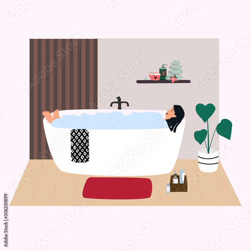 Woman relaxing in bathtub  with bubbles. Young girl taking a bath in  bathroom. Cute interior in trendy Scandinavian style. Everyday routine. Flat vector in cute cartoon style