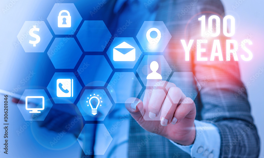 Writing note showing 100 Years. Business concept for Remembering special day for being 100 years in existence