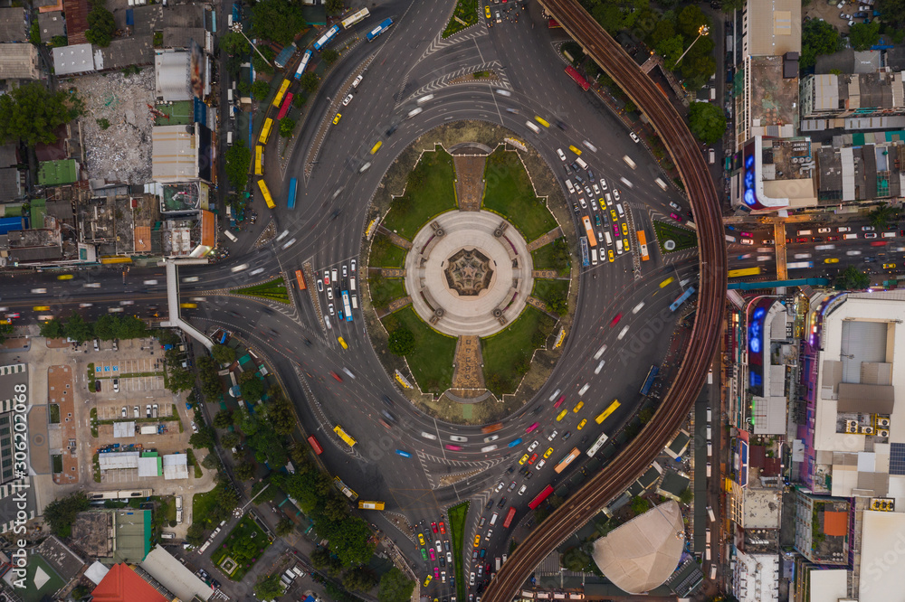 Beautiful Roundabout Victory Monument Aerial Top view Thailand with long exposure cars traffic