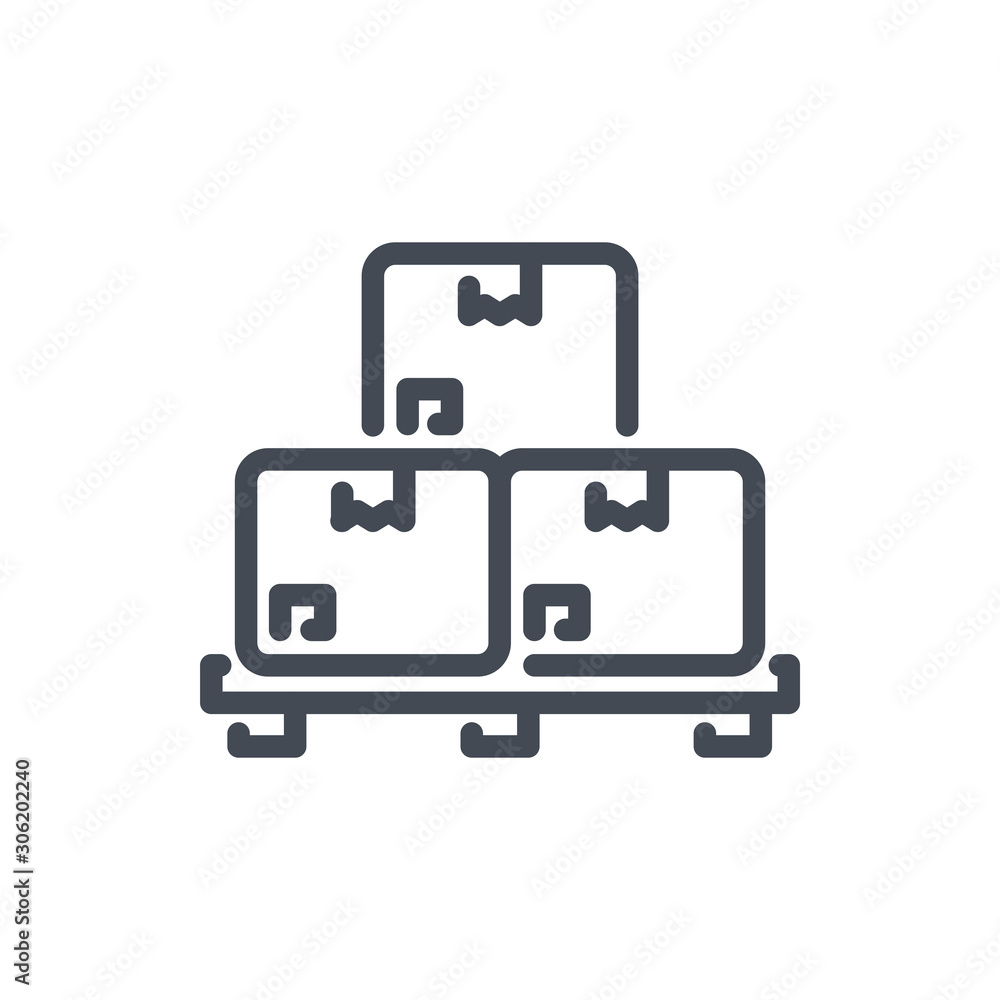 Boxes on pallet line icon. Warehouse cargo boxes vector outline sign. Boxes on pallet line icon. Warehouse cargo boxes vector outline sign.